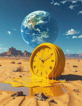 un vibrante amarillo reloj se derrite en un Desierto paisaje, con un azul tierra en el fondo, sugestivo de hora corriendo fuera o ambiental preocupaciones foto