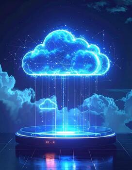 Digital cloud graphic on a glowing pedestal photo