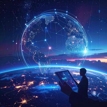 Global network, digital earth, person interacts with technology photo