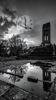 arruinado estructura, charco reflexión, reloj, ominoso cielo foto