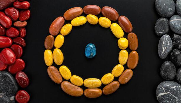 Circular arrangement of colored stones, forming concentric rings on black background, with contrasting stones along the edges. Small, oval-shaped stones in red, yellow, brown, and a touch of blue, create a geometric design photo