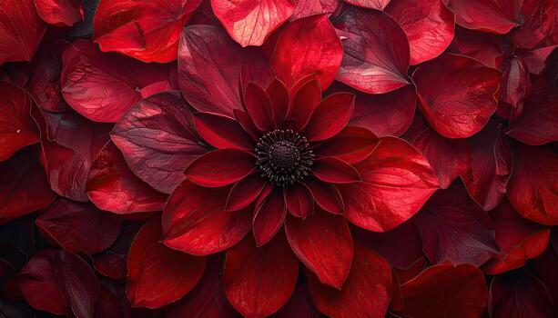 Deep red flower petals, close-up. Lush, ornate texture photo