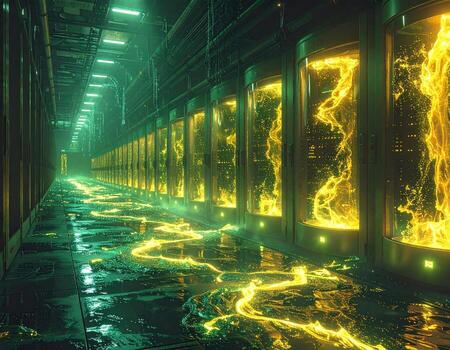 A neon-lit server-room corridor glows with an otherworldly energy photo