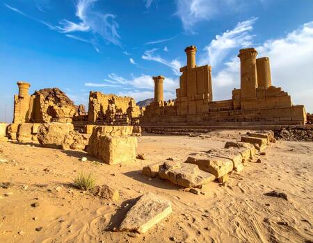 Ancient ruins in a desert landscape under a clear sky. Ruined columns and stone structures stand amidst sandy ground. Sunlight illuminates the scene photo