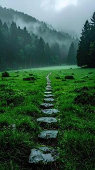 Misty forest path through lush green meadow photo