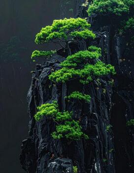 Lush green trees clinging to a dark, rugged cliff face photo