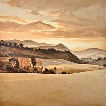 un sereno paisaje pintura de laminación colinas a amanecer o oscuridad. apagado tonos de beige, broncearse, y marrón representar campos, árboles, y brumoso montañas. suave, difundido ligero se baña el escena foto