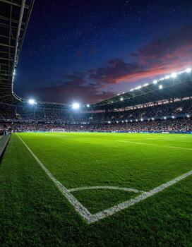 Nighttime soccer stadium, illuminated field photo