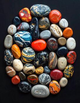 Circular arrangement of polished, colorful stones photo