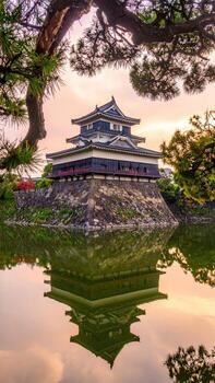 Ancient Japanese tower reflected in a serene moat at dawn photo