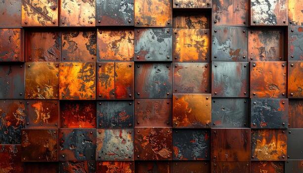 Textured metal panels in a mosaic pattern. Rustic copper, bronze, and steel squares photo