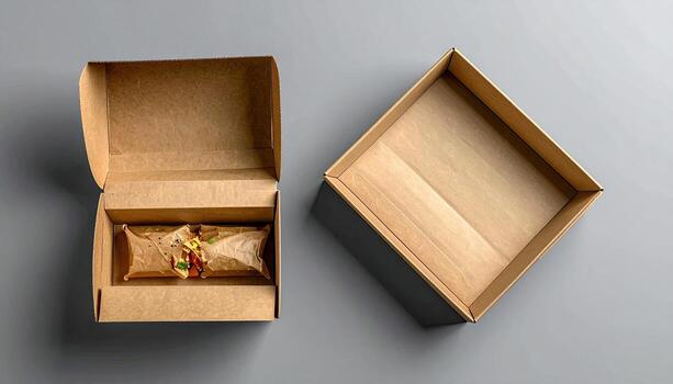 Two light brown cardboard food containers. One open, the other closed, both on a gray surface. Inside the open box is a wrapped food item, likely a burrito or similar photo