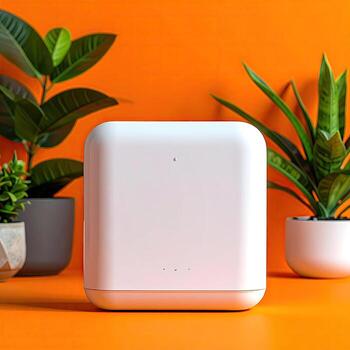 White square device sits on orange background, surrounded by potted plants photo