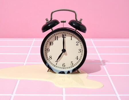 A black alarm clock sits atop a pool of spilled creamy liquid on a pink tiled surface. The clock's hands point to the time of 300 photo