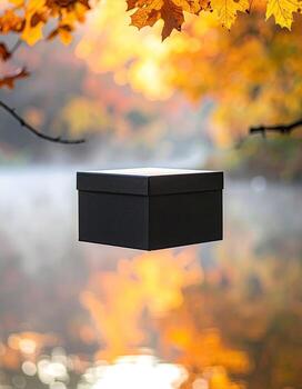 A black box floats above a serene autumnal lake photo