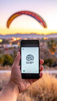 Smartphone displays app icon, paragliding in background photo