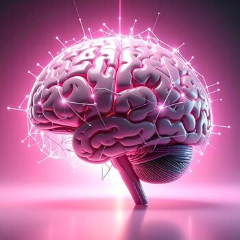 Pink 3D brain, illuminated with glowing connections photo