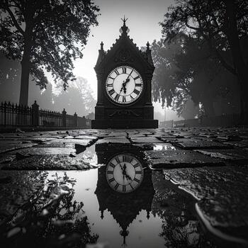 A weathered clock tower, reflected in a puddle, under a misty sky photo
