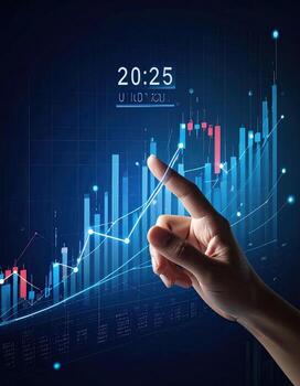 Hand pointing at a rising digital graph with time data overlaid photo
