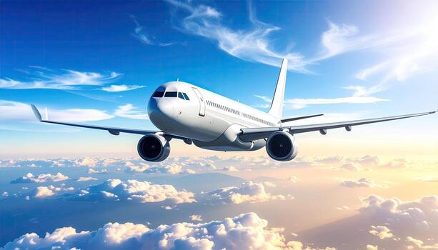 White jet plane soaring above fluffy clouds photo