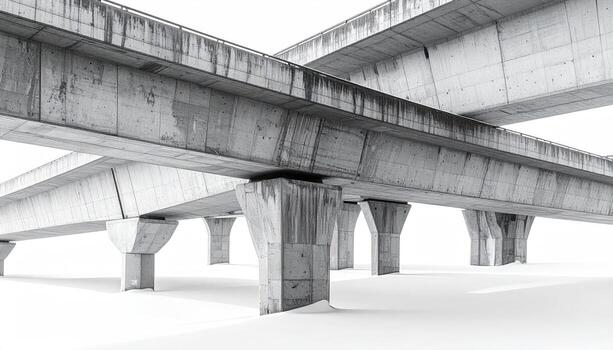 Intersecting concrete overpasses, grey and stark against white background photo