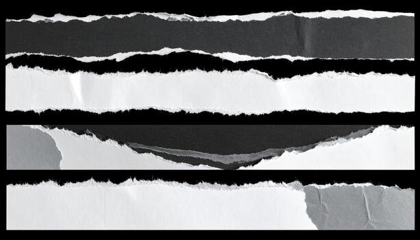 Three horizontal rows of torn paper strips against a black background. Each strip shows a ragged edge of torn paper with a dark edge and a lighter, white interior. The paper texture is visible photo