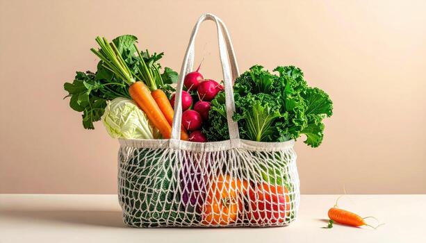 Fresh produce in a mesh grocery bag photo
