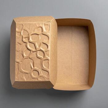 Open brown cardboard food container, top view. Textured lid and base photo