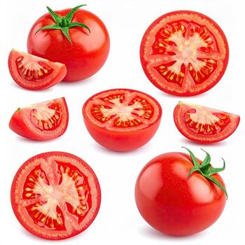 Close-up studio shot of whole and sliced tomatoes, against a plain white background. Different angles and slices showcase the fruit's vibrant red color and internal structure photo
