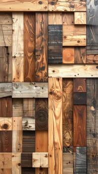 Multi-toned wood paneling. Various shades of brown, grey, and black wood planks arranged in a geometric pattern photo