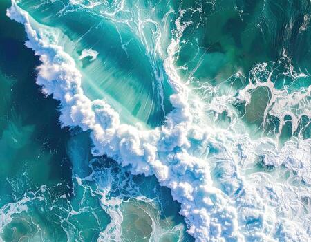 aéreo ver de poderoso Oceano ondas. vasto turquesa y verde azulado aguas, espumoso blanco crestas de olas intersectando en un dinámica modelo foto