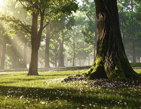 Sunlit forest glade with wildflowers photo