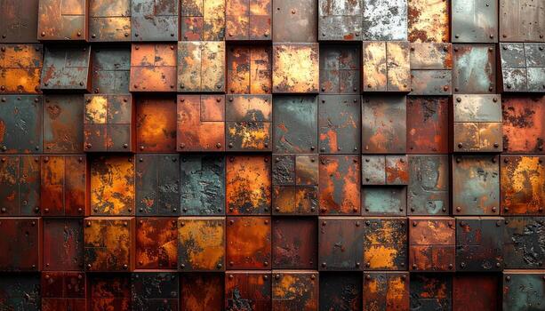 Abstract metal wall, square panels in various copper tones photo