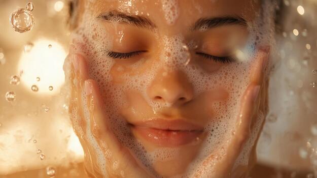 Woman enjoying a relaxing bubble bath while cleansing her face at home in the evening photo