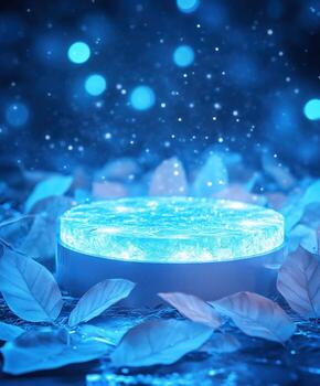 misterioso brillante azul plataforma rodeado por hojas a noche con flotante partículas foto