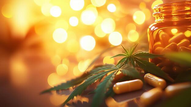 Herbal supplements and cannabis leaves arranged with warm bokeh lights in the background during a serene evening photo
