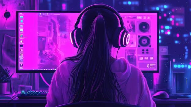 Person wearing headphones engages with neon-lit gaming setup while creating an immersive digital environment at night photo