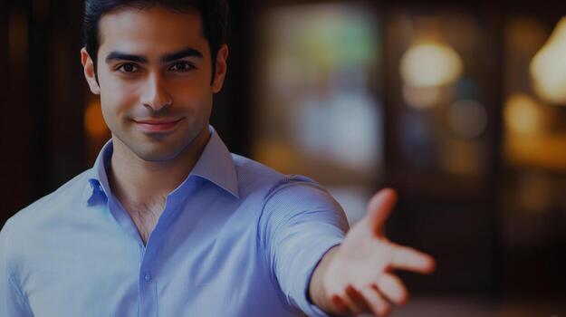 Man extends hand offering a handshake in a welcoming setting during early evening hours photo