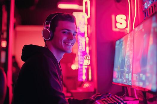 Young man enjoying gaming at an esports venue with vibrant neon lights in the background during evening hours photo