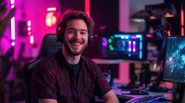 Gamer with headset smiles in colorful gaming setup during evening photo