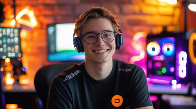Young gamer enjoying a vibrant gaming setup while wearing headphones in a colorful room with computer screens photo