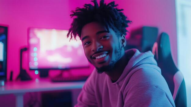 Young man smiles while sitting at a desk with computer setup and colorful lighting in a cozy gaming environment photo