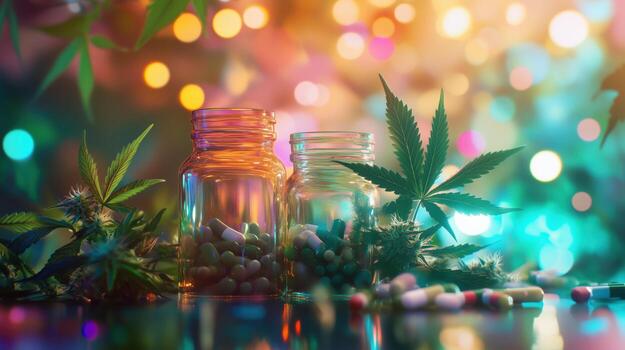 Colorful cannabis products displayed in jars with vibrant background bokeh lights at a festive gathering photo