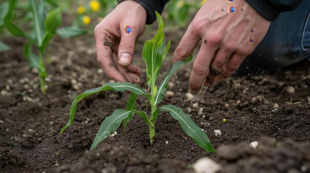 Gardener planting young corn seedling in fertile soil on a sunny day in spring photo