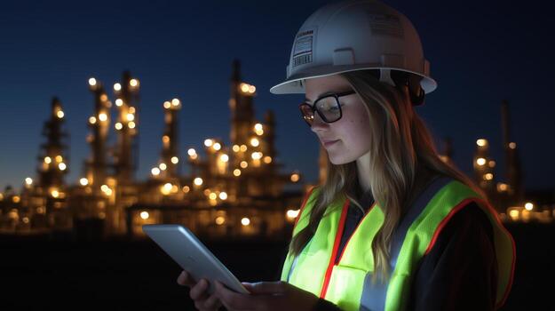 Engineer reviews data on tablet at an industrial site during nighttime, with illuminated facilities in the background photo
