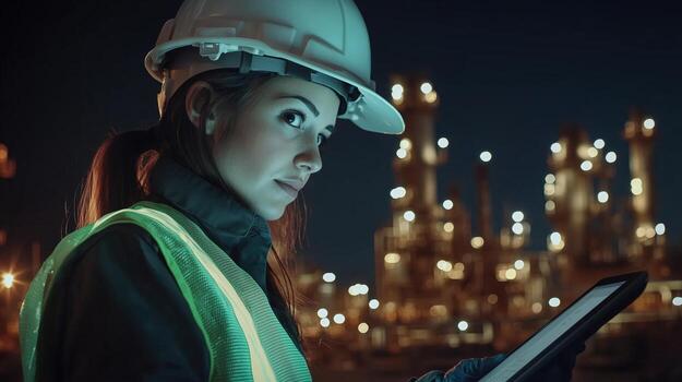Worker in safety gear using tablet in industrial area during nighttime in a bustling factory environment photo