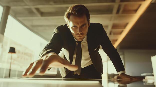 Businessman in a suit reaches for a digital tablet in modern office at sunset, showcasing ambition and determination photo