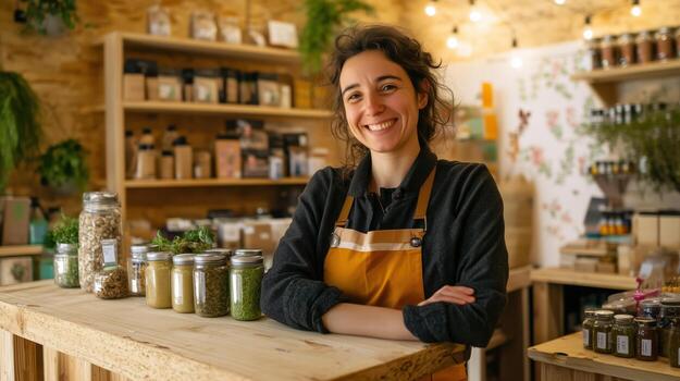 Smiling shopkeeper in natural food store during daylight hours with jars of ingredients on display photo
