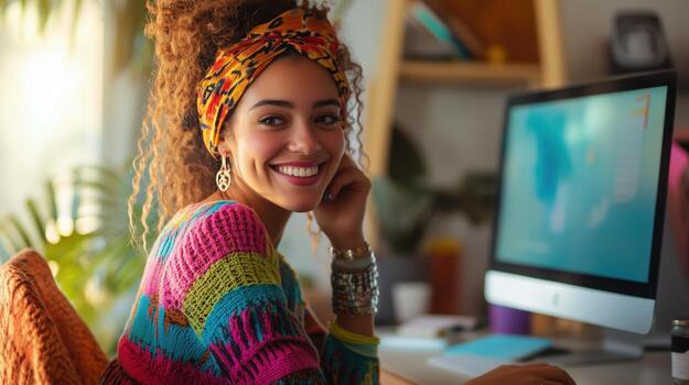 Young woman smiles at computer in colorful sweater while working in cozy home office during daylight hours photo