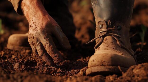 Hands work in soil while wearing boots during a sunny day in a field preparing for planting crops in late spring photo